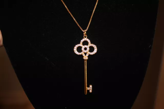 NEW Designer KEY Pendant & Necklace Yellow Gold Tone Crystals Snake Chain 925