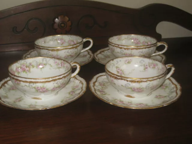 THEODORE HAVILAND LIMOGES Schleiger France Set Of 4 Cup & Saucer Roses and Gold