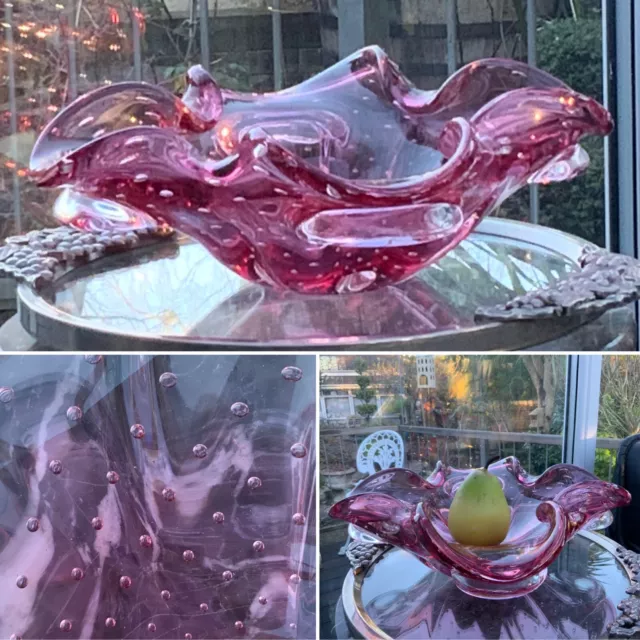 👀V Rare 13” Murano Barbini Bullicante Ruby Centrepiece Bowl Dish Glass Clover🎁