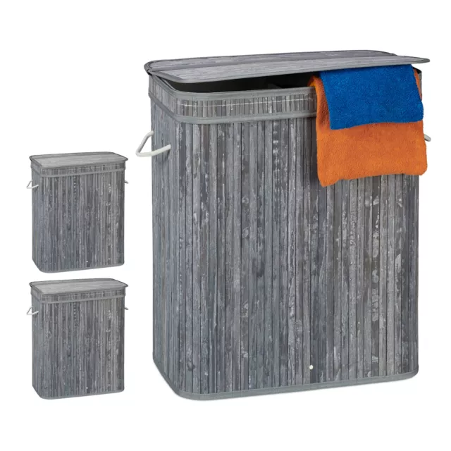 Panier à linge lot 3 couvercle 2 compartiments corbeille bambou coffre gris