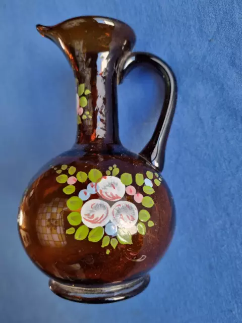 Ancien Vase Pichet Verre Emaille Souffle  Marron Fleurs  Deco Vintage