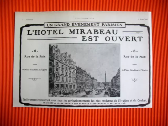 Hotel Mirabeau 8 Rue De La Peace Paris Place Vendome Ad 1909 Press Advertisement