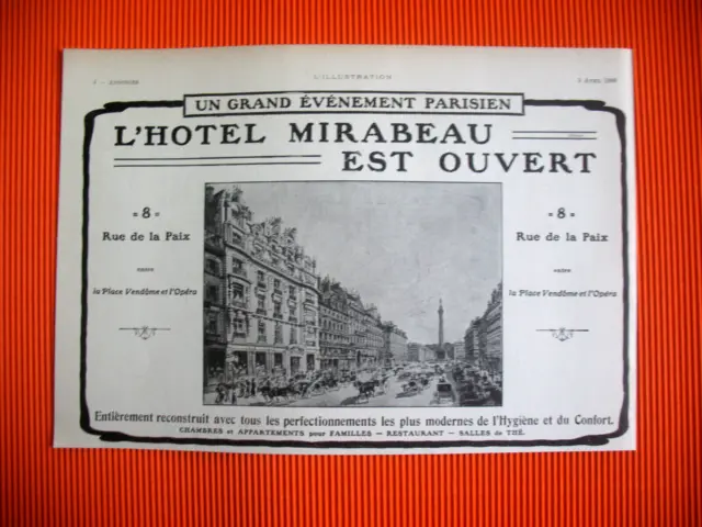 Publicite De Presse Hotel Mirabeau 8 Rue De La Paix Paris Place Vendome Ad 1909