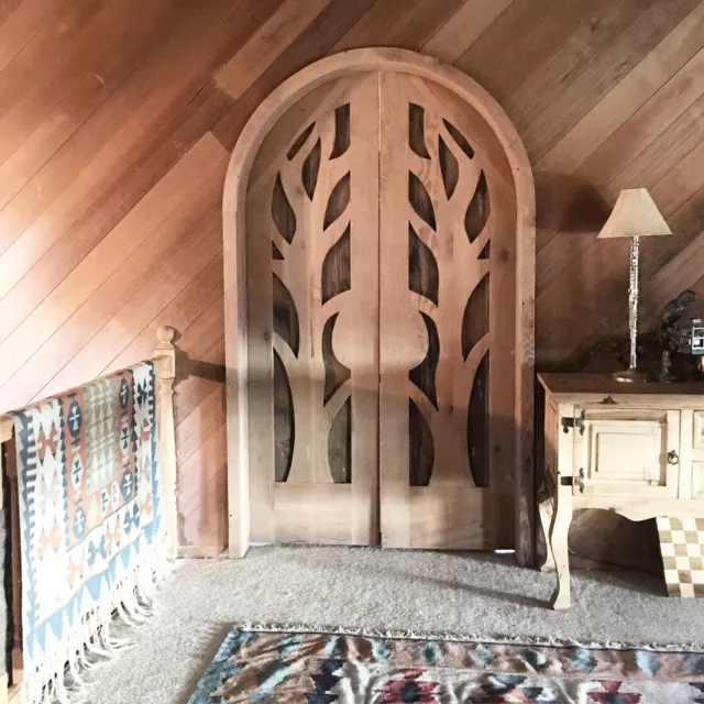 Rustic reclaimed lumber arched double door solid wood hand carved pre hung