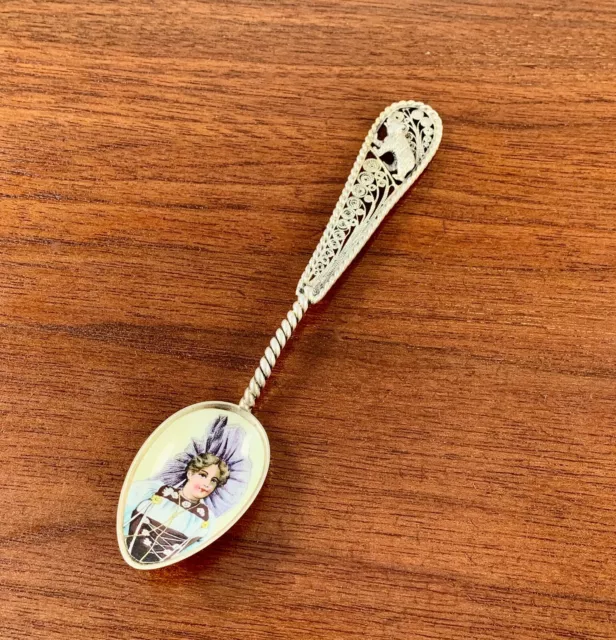 Swiss 800 Silver Gilt Filigree Enamel Spoon Bern Picture Bowl Portrait & Bear
