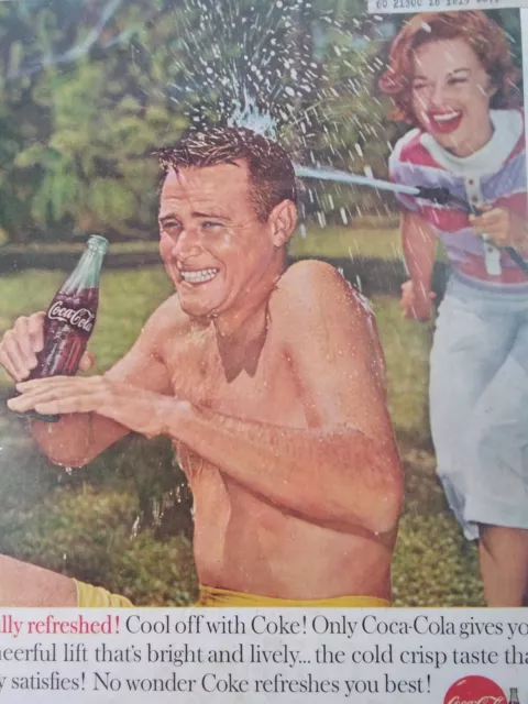 Coca Cola Print Ad Original Vintage 1960s Large Pretty Girl Man Smile Pool Fun