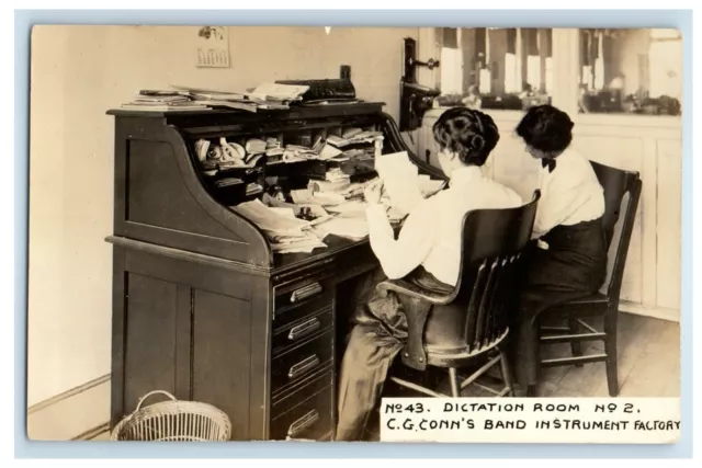 c1910's Dictation Room CG Conn's Band Instrument Factory IN RPPC Photo Postcard