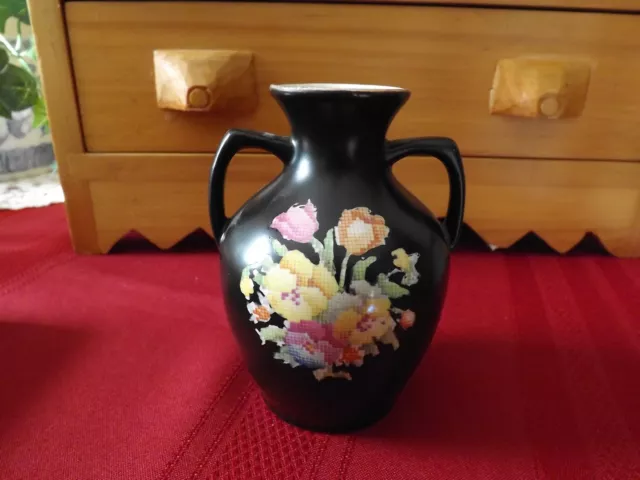 HK Tunstall Black Petit Point Vase. Vintage England - Approx. 4.5" Tall