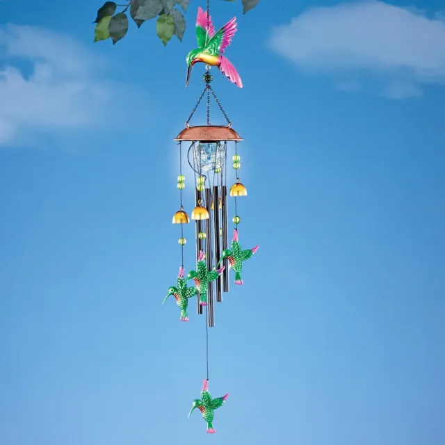 Solar LED Hummingbird Wind Chimes with Bells Colorful Lighted Patio Garden Decor