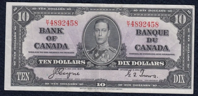 1937 Bank of Canada $10 - Cat#BC-24c - S/N: K/T4892458