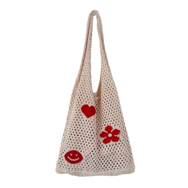 Knitted Large Capacity Shoulder Bag Mesh Hollow Flower Handbag (Apricot) FS2#