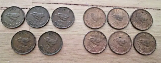 Lot of 11 UK Farthing Coins 1945 1947 1948 1950 x 2 1954 x 6 Bulk Savings $$$