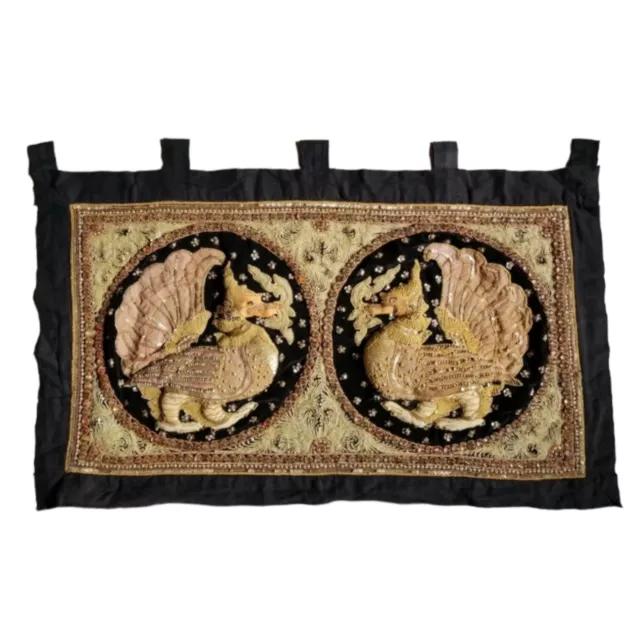 Vintage Kalaga Tapestry Fly Dragon Embroidered Wall Art Asian Burmese Thai India