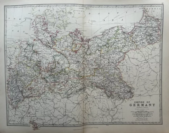 1884 Empire Of Germany, North Hand Coloured Original Antique Map by Johnston