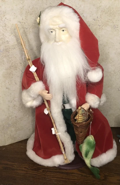 Detailed 16” Porcelain Fishing Santa Claus Doll Ornament, Pole, Fish, Hook