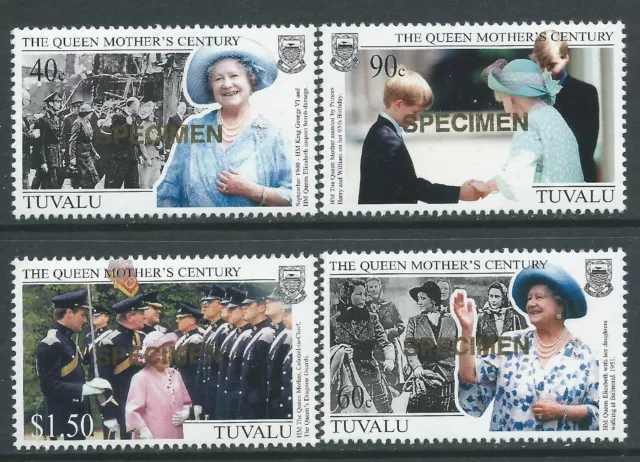 1999 Tuvalu The Queen Mother's Century Set Of 4 Mint Mnh Horizontal Specimen Opt