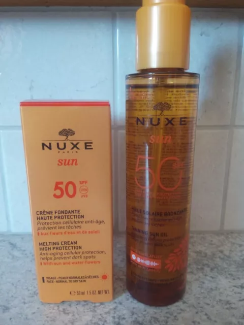 Nuxe Sun 50 SPF, lot crème fondante visage 50ml & huile bronzante 150ml.