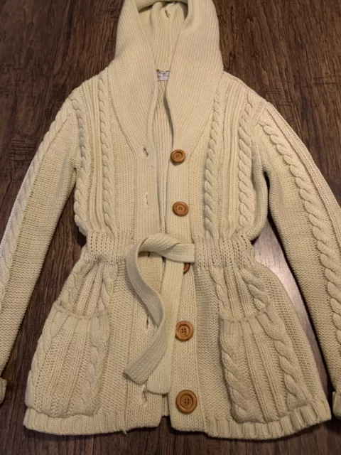 Vtg 70s Cardigan Coat Belt Pockets Cable Knit Wood Button Hood Nan Elliot Sz S