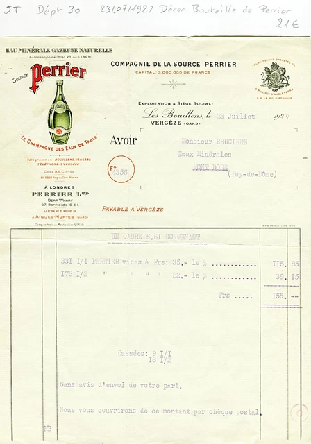 Dept 30 - Vergèze - Source Perrier "Le Champagne des Eaux de Table" 23/07/1927