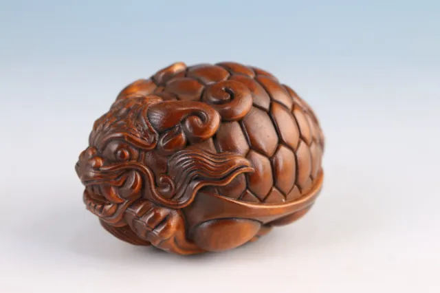 Fortune Chinese boxwood handmade tortoise dragon statue netsuke hand piece