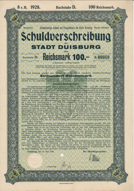 116777, Schuldverschreibung der Stadt Duisburg über Reichsmark 100.-, 8%