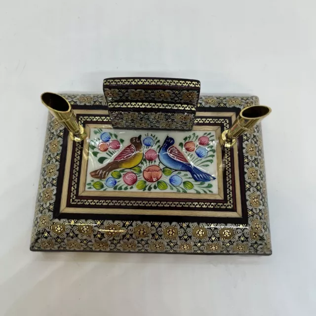 Vtg. Persian Khatam Inlaid Wooden Marquetry Mosaic Double Pen Holder Desk Set