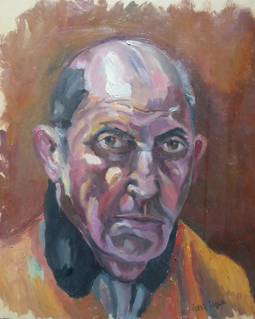 Retrato Masculina Viejo Cuadro Pintado Angular Óleo Scuola Español Firmado MD3