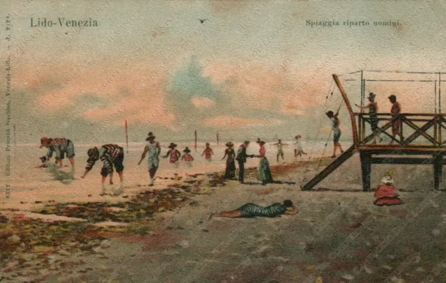 LIDO DI VENEZIA Spiaggia riparto uomini Cartolina animata illustrata