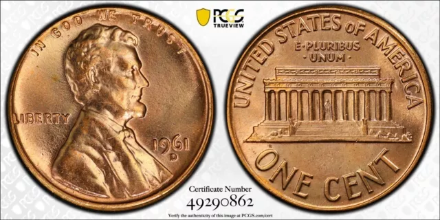 1961-D Lincoln Cent PCGS MS65RD with Trueview