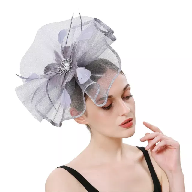 Stunning Silver Grey Crinoline And Feather Fascinator On Headband, Spring Races