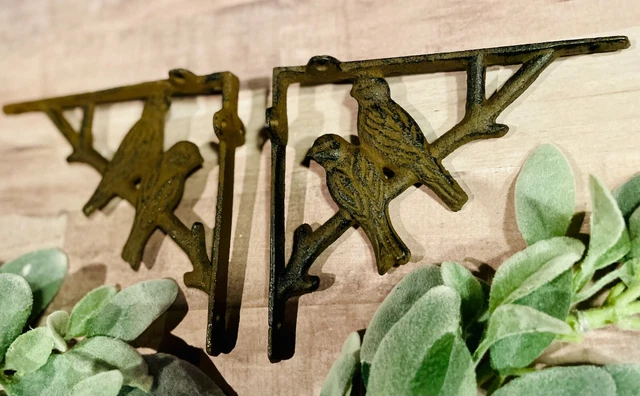 Pair 2 Cast Iron Antique-Rust Brown BIRD on BRANCH Brackets Braces Shelf corbels 5