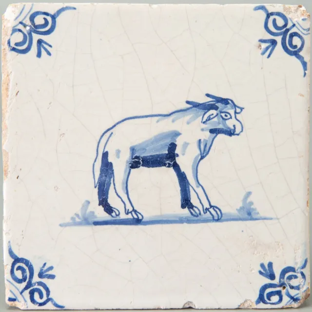 Nice Dutch Delft Blue animal tile, bull, mid 17th. century.