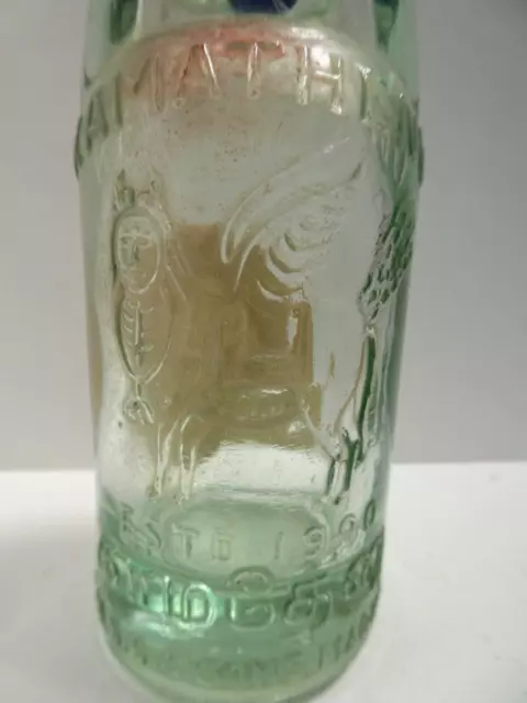 Indian Glass Codd Blue Marble 8 Oz Bottle Embossed Winged Horse Kamanthenu Label