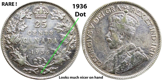 RARE! 1936 Dot Canada 25 Cents silver coin King George V; Maple leaves wreath