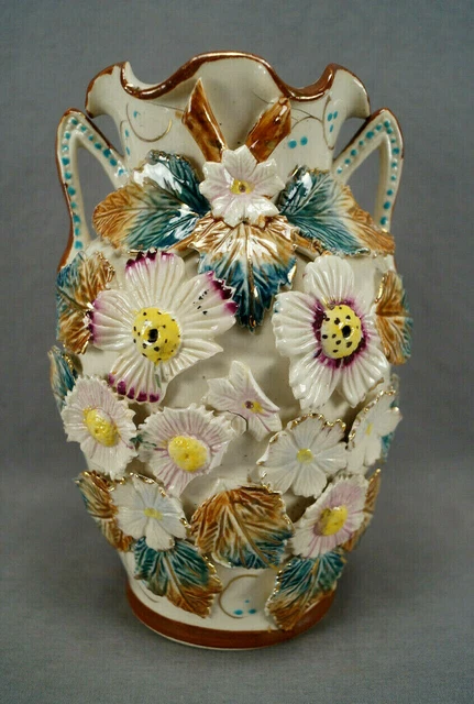 English Hand Painted Barbotine Majolica Floral Encrusted & Turquoise Beaded Vase