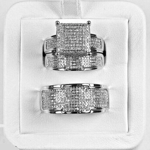 3.00 Ct Round Cut Moissanite Wedding Trio Ring Set 14K White Gold Plated
