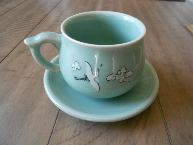 Vintage Celadon Green Flying Cranes & Clouds Tea & Cup set Saucer Korea Signed