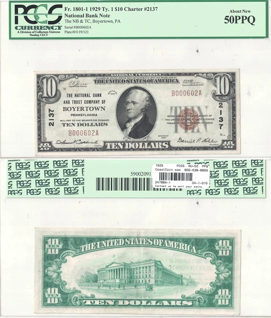 1929 $10 National Bank & Trust Company Of Boyertown, PA PCGS AU-50 PPQ
