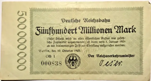 Deutsche Reichsbahn 500 Millionen Mark 1924 Papiergeld Banknoten Geldschein