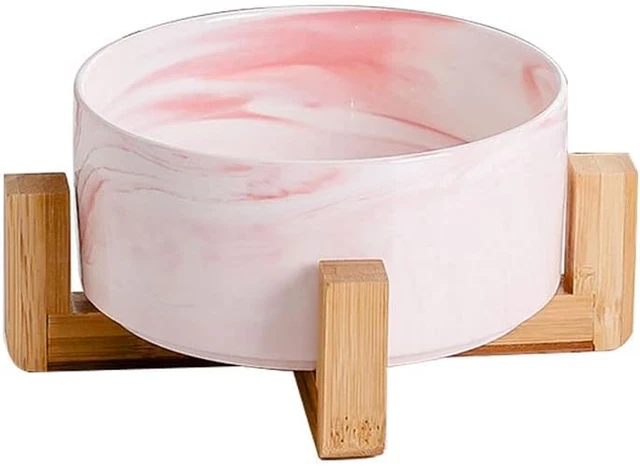 Akita Ceramic Marble Dog & Cat Raised Bowl with Wood Stand, Non-Slip, Elevate...