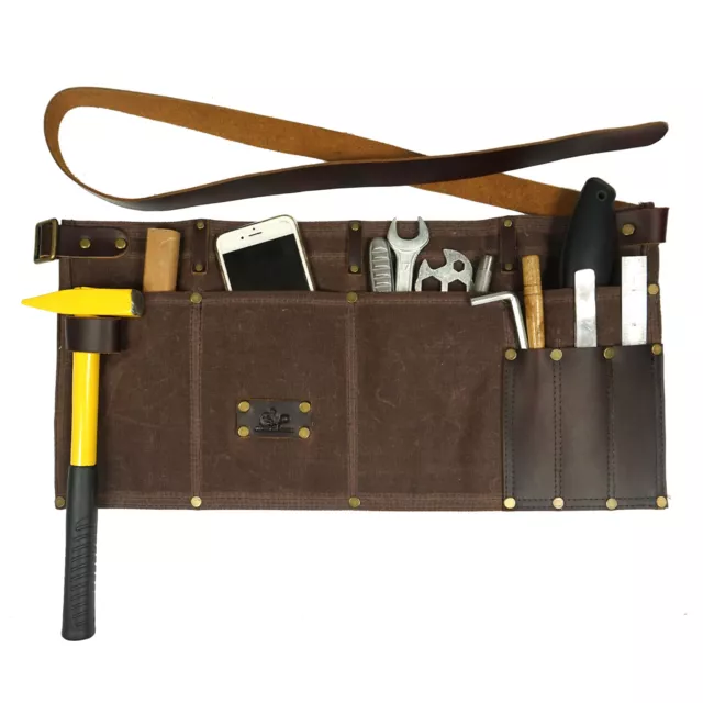Coffee Canvas Leather Tool Waist Apron For Craftsman With 4 Leather Pockets