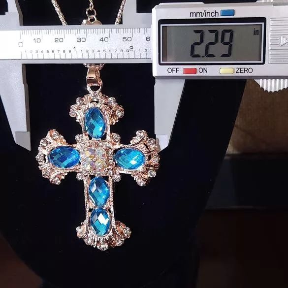 Blue and Gold Decorative Cross Betsey Johnson Enamel and Rhinestone Necklace