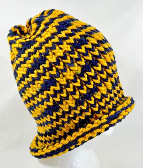 Hand Knit XL Hat Beanie NAVY & GOLD Blue Yellow Men's Women's 100% Acrylic