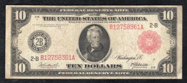 FR. 893b 1914 $10 TEN DOLLARS RED SEAL FRN FEDERAL RESERVE NOET NEW YORK, NY VF