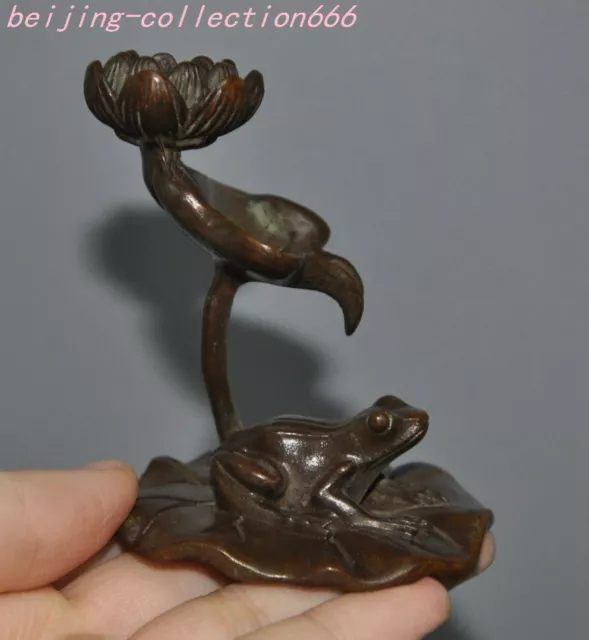 old Chinese bronze Lotus flower wealth frog Feng Shui statue Decoration