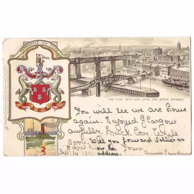 NEWCASTLE High Level, Embossed Postcard with Coat of Arms by Tuck Posted 1901