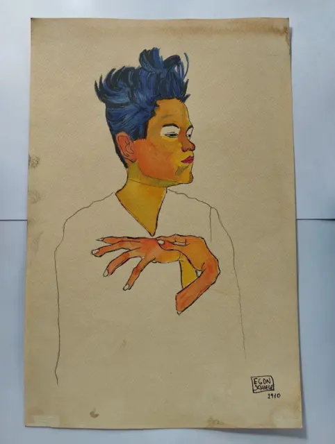 EGON SCHIELE Drawing on paper (Handmade) signed and stamped mixed media.