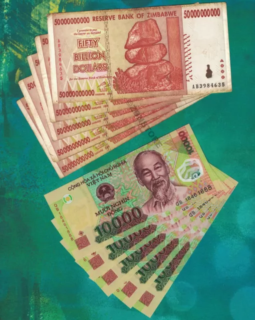 5 x 50 Billion Dollars Zimbabwe + 5 x 10,000 Vietnam Dong VND Banknotes + COA