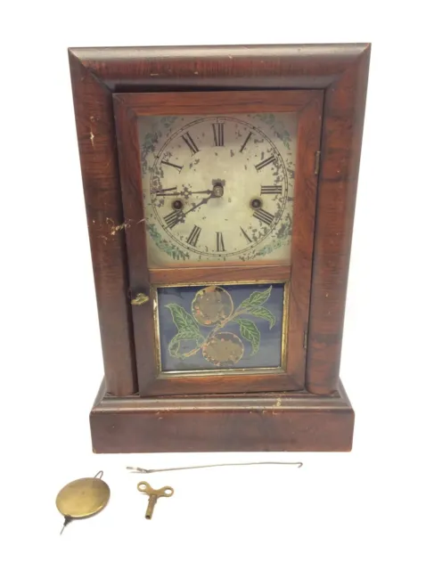 Antique Hand Painted Wooden Clock with Pendulum Key Ansonia Clock Company Parts