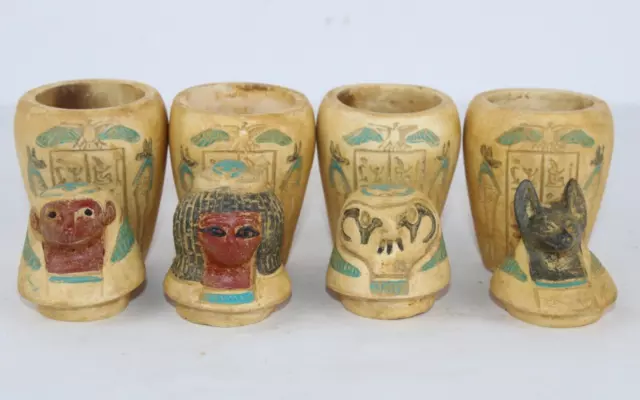 RARE ANCIENT EGYPTIAN ANTIQUE Mummification Canopic 4 Jars Pharaonic Statues (A)